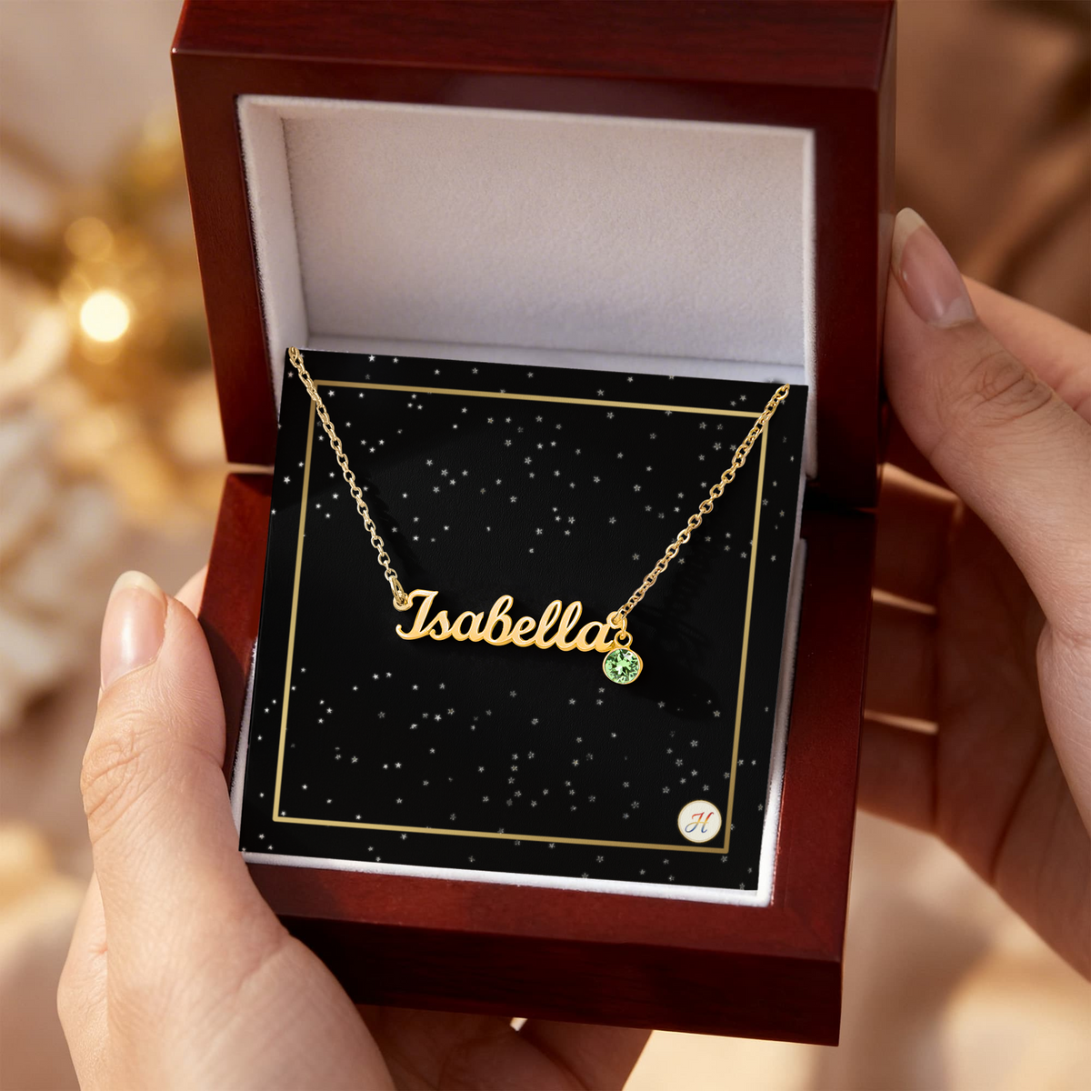 Personalized Name Necklace with Birthstone | Celestial Star Card Script Jewelry | by JuzForHue