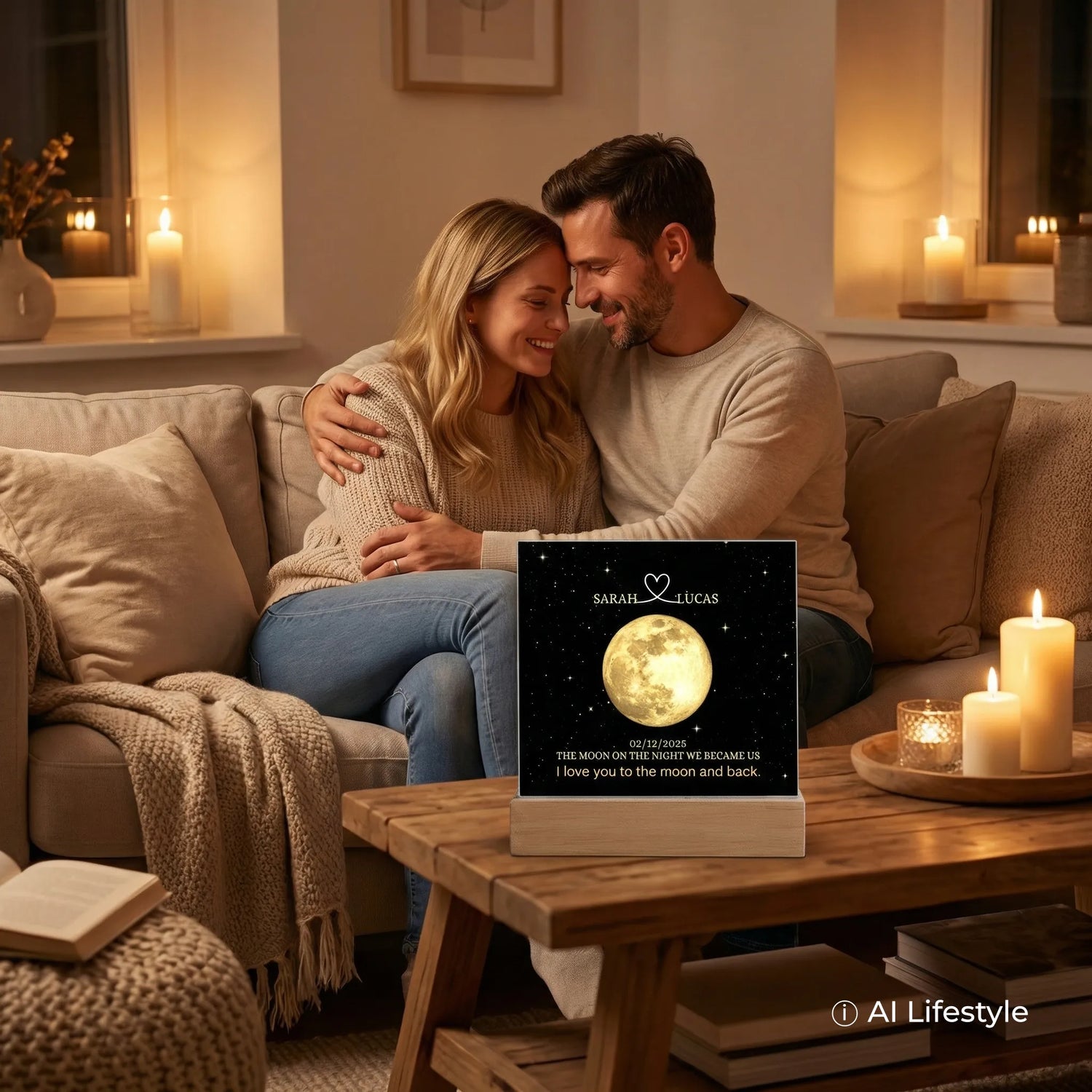 Elegant custom moon phase light on a wooden stand. In the background, an AI-generated couple embraces in a warm, candlelit room. Note: Product is a digital rendering; models and scene are AI-generated.
