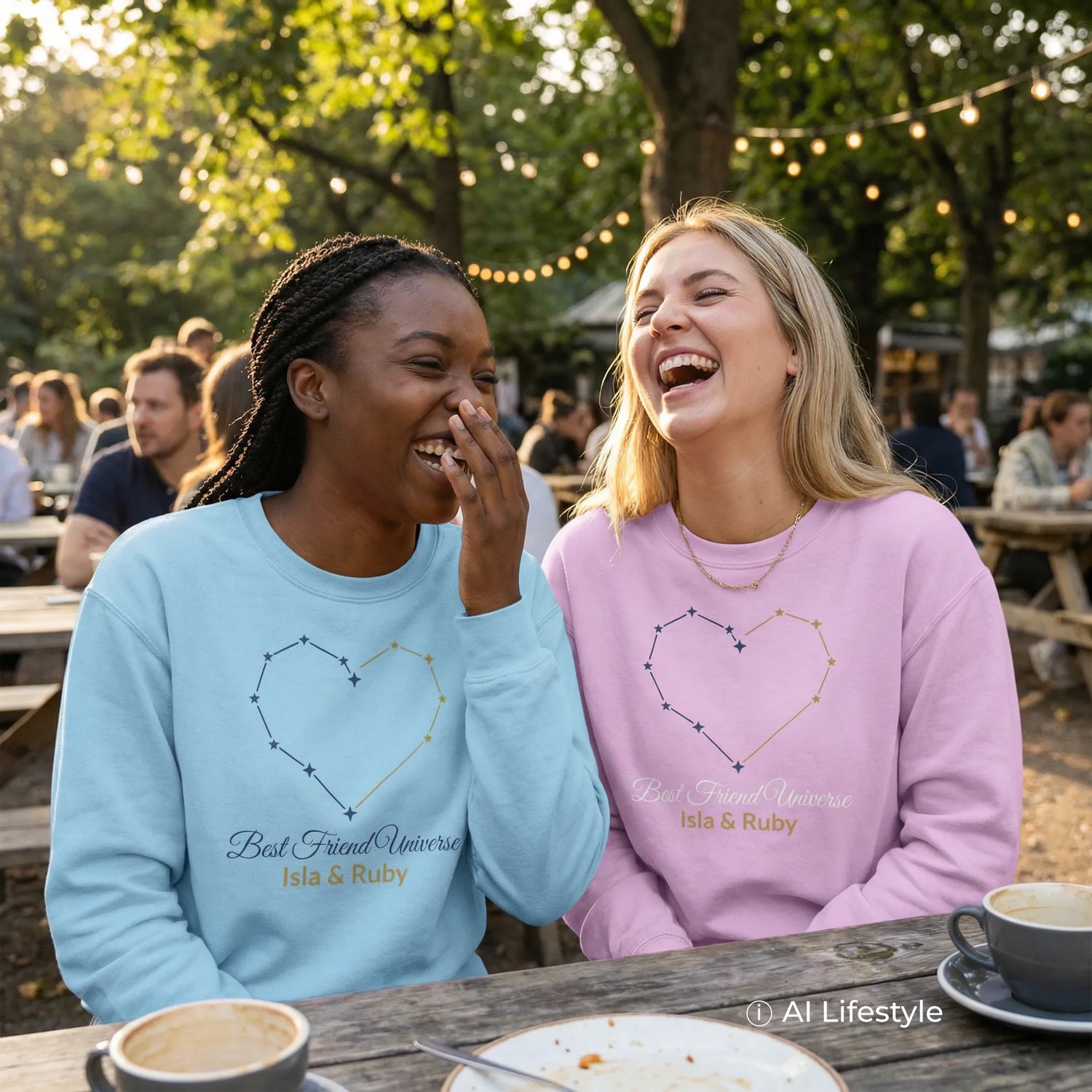 Two friends laughing at an outdoor café wearing personalized 'Best Friend Universe' sweatshirts in light blue and pink. The product is a digital rendering; the models and lifestyle scene are AI-generated.