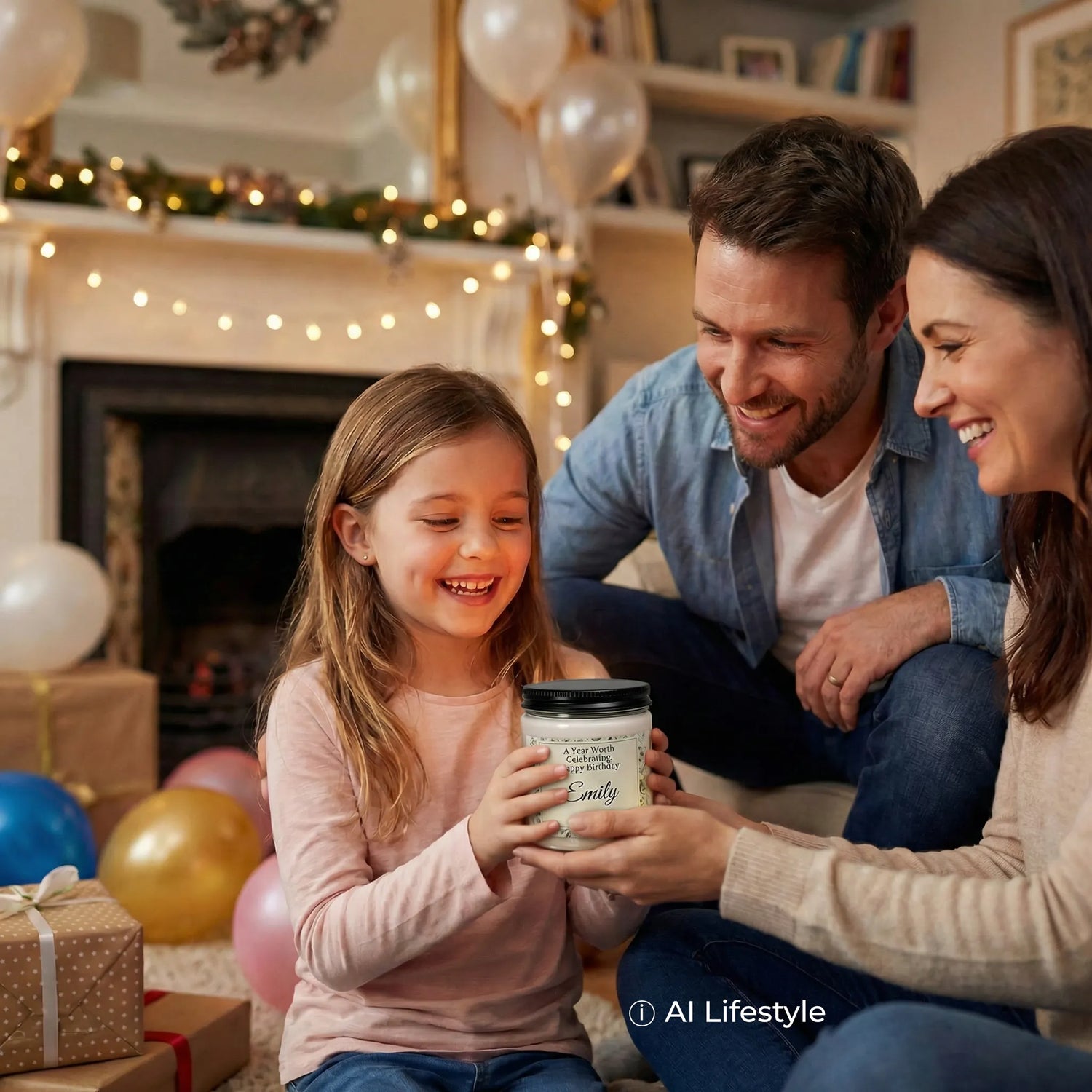 Elegant personalized birthday candle in a joyful AI-generated festive setting. In the scene, a family celebrates together. Note: Product is a digital rendering; models and scene are AI-generated.