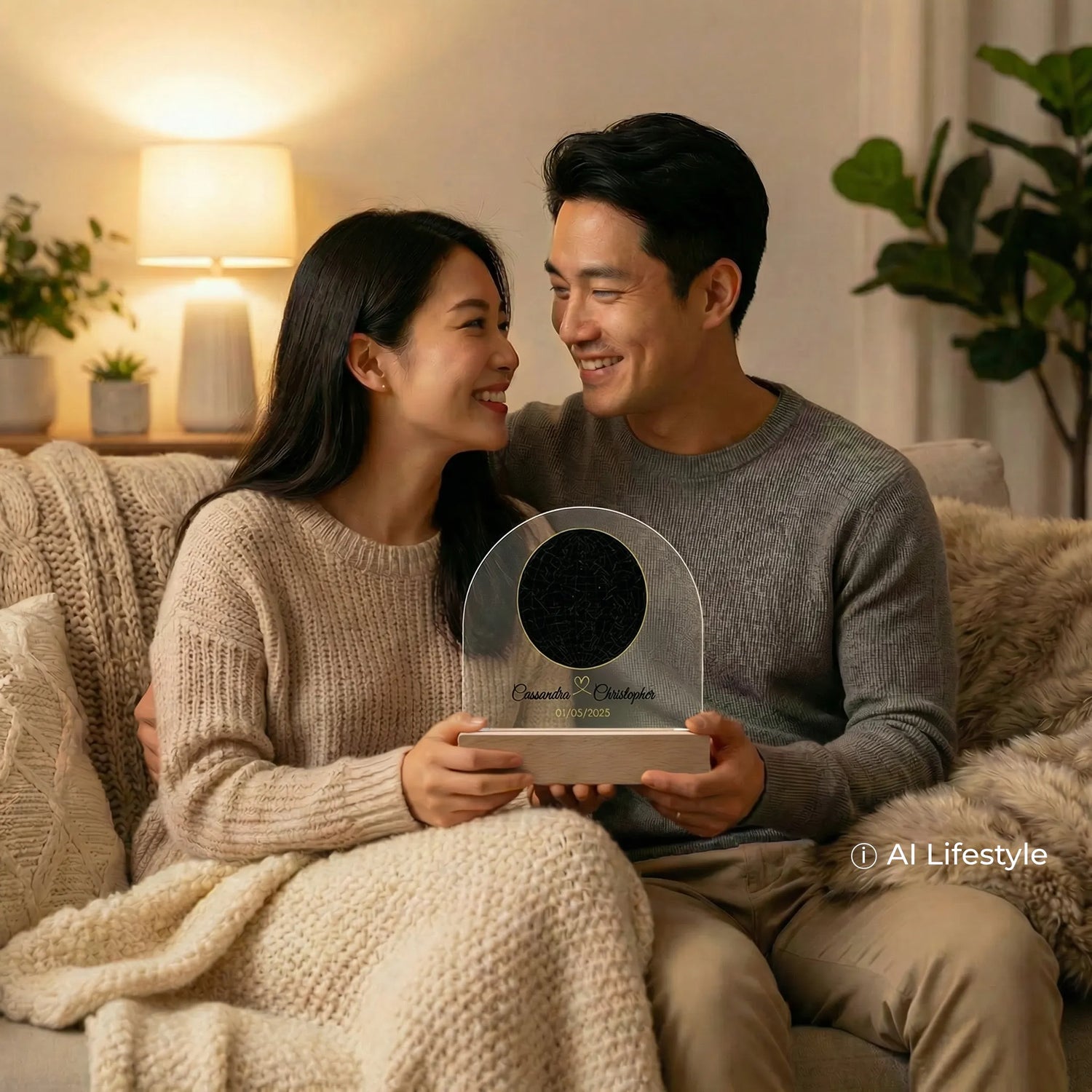 Elegant personalized arched star map on a wooden base held by a smiling couple in a cozy room. Note: Product is a digital rendering; models and lifestyle scene are AI-generated.