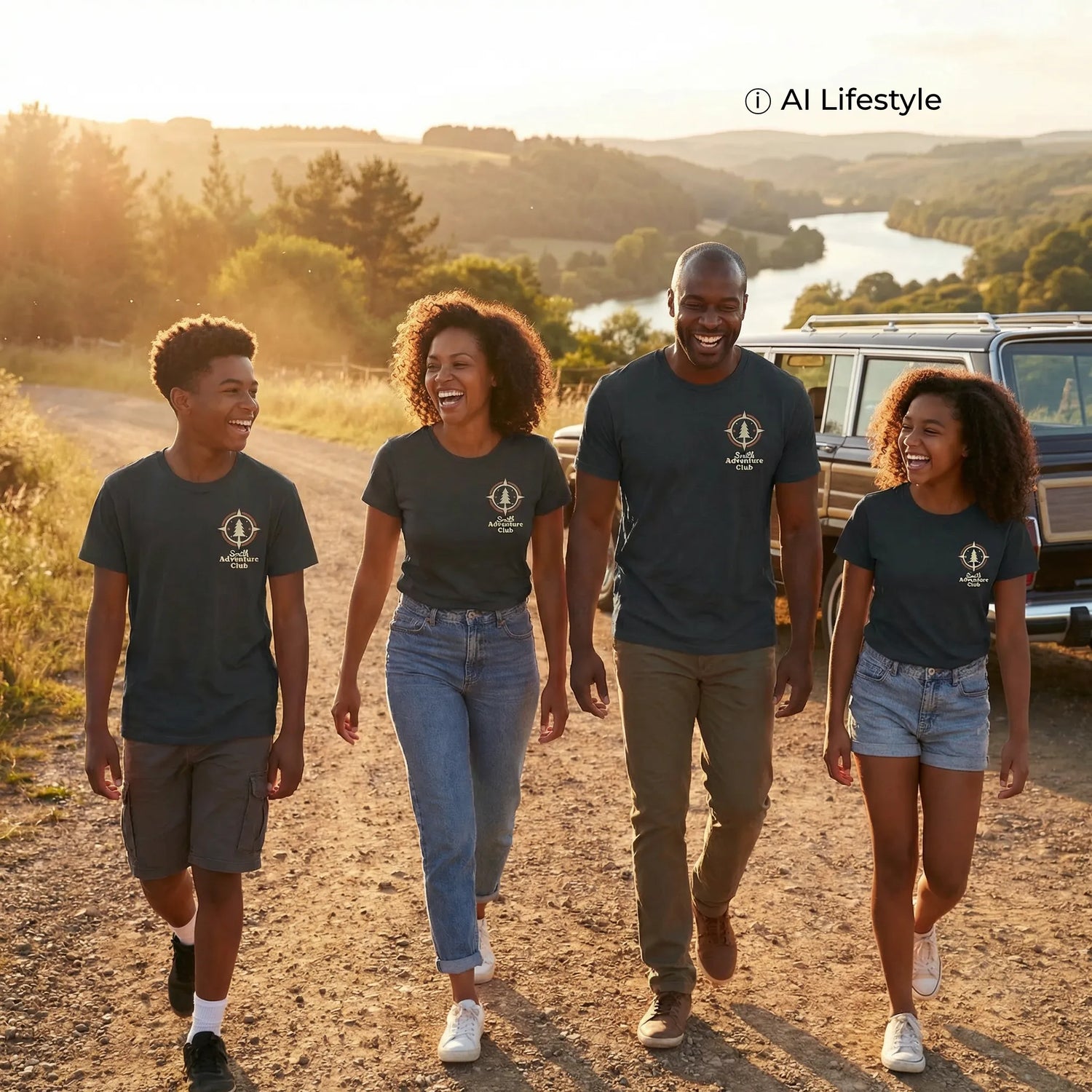 Elegant matching family adventure shirts worn by a joyful family on a scenic sunset stroll. Note: Product is a digital rendering; models and lifestyle scene are AI-generated.