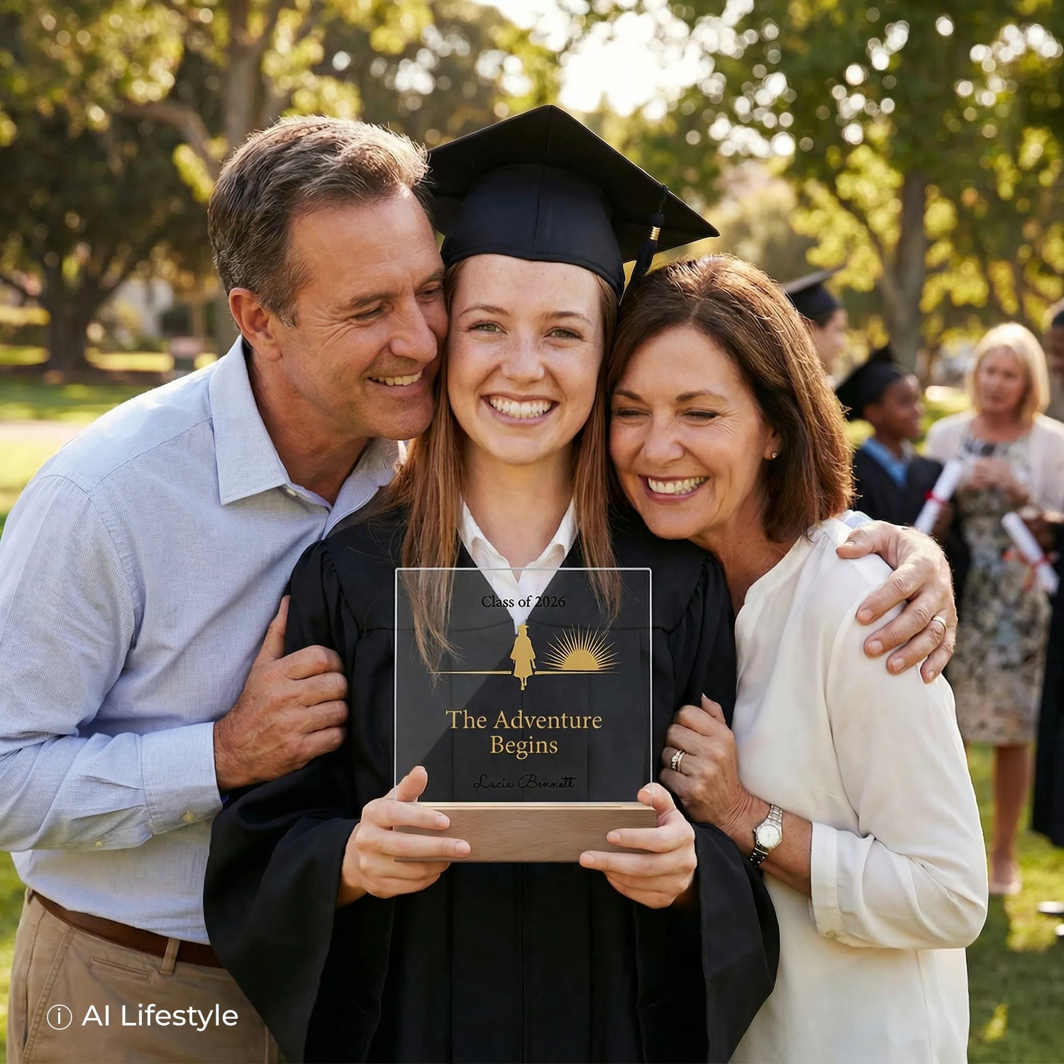 A joyous graduate, embraced by her parents, holds an elegant personalized acrylic plaque on a sunny campus. Note: the plaque is a digital rendering and the models and scene are AI-generated.
