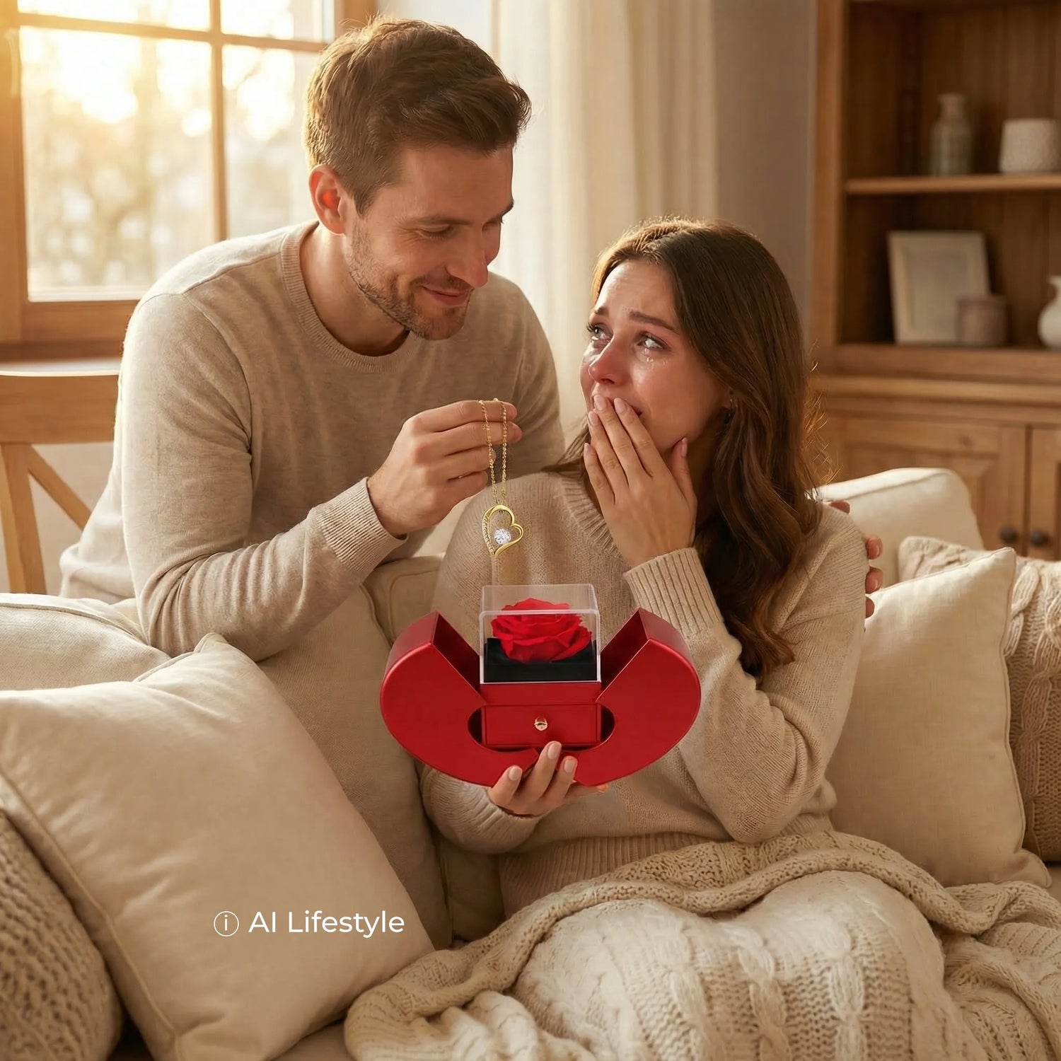 Gemini said A heart-shaped necklace and rose gift box presented to an emotional woman in a warm AI-generated setting. Note: The product is a digital rendering; the models and lifestyle scene are AI-generated.