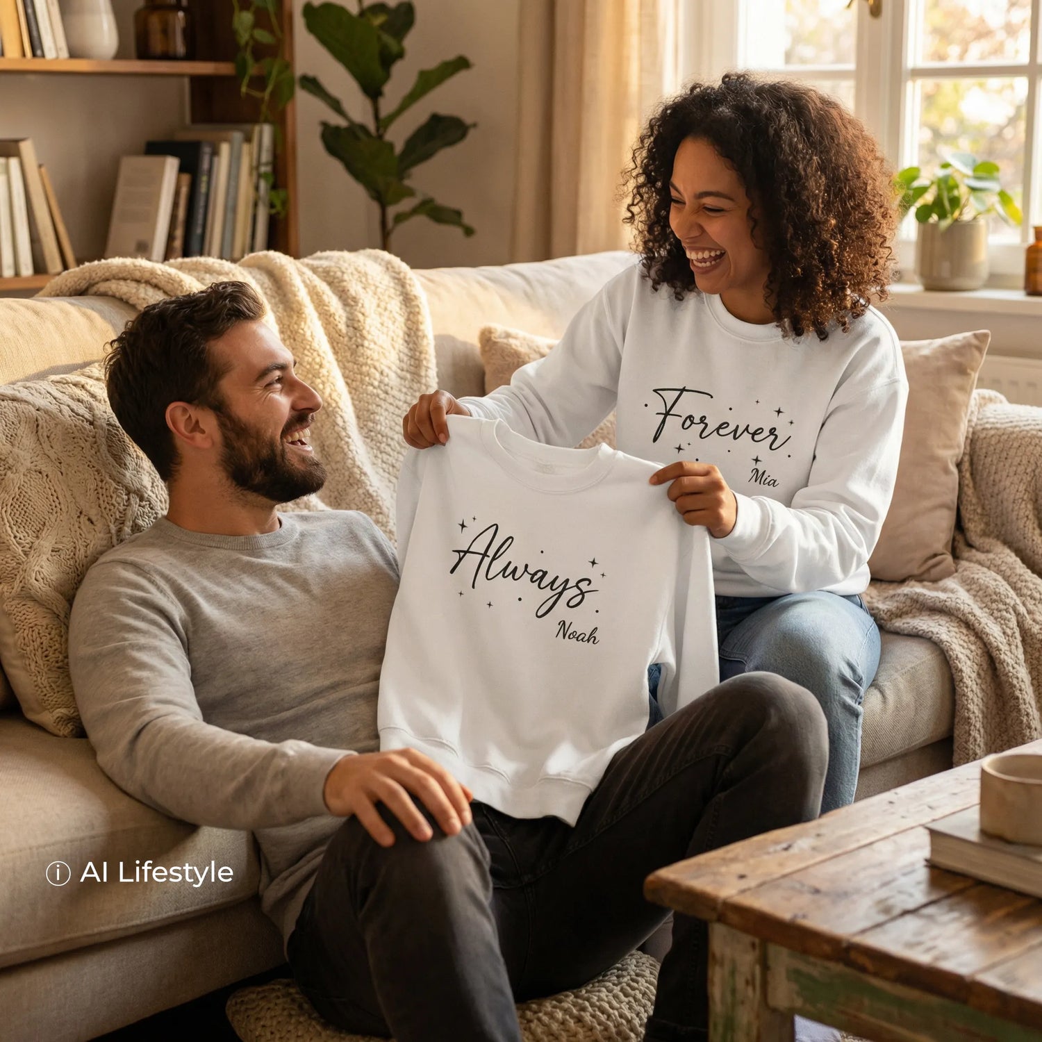 Elegant personalized matching sweatshirts held by a laughing couple in a cozy, AI-generated living room. Note: The product is a digital rendering; the models and lifestyle scene are AI-generated.