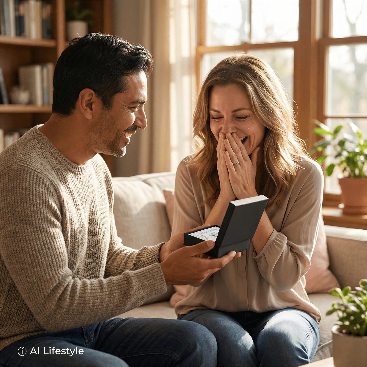 An elegant personalized necklace in a gift box presented to a surprised woman in a sunny AI-generated room. Note: The necklace is a digital rendering; the models and lifestyle scene are AI-generated.