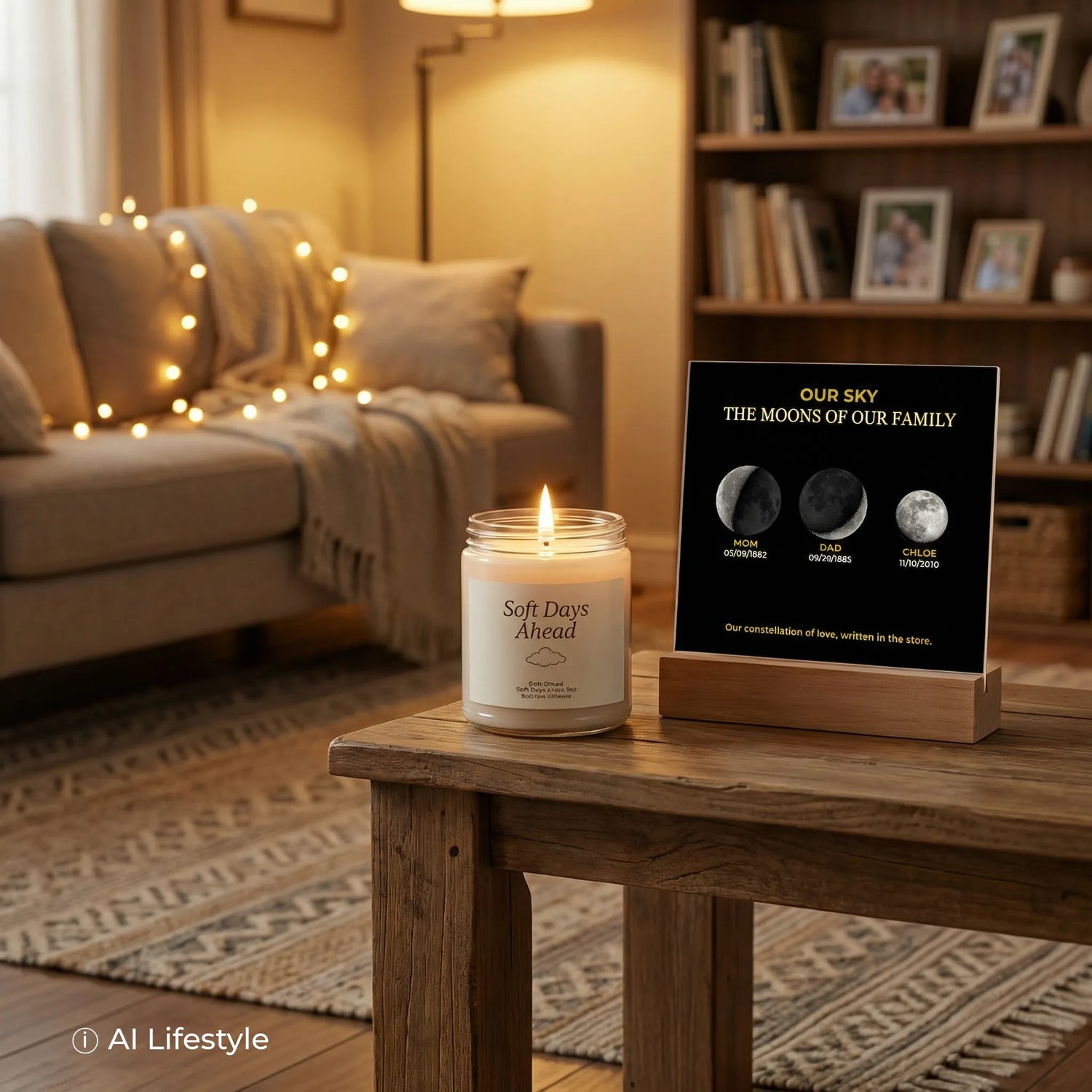 An elegant candle and personalized moon phase plaque displayed in a warm, AI-generated living room. Note: The products are digital renderings; the lifestyle scene and background are AI-generated.