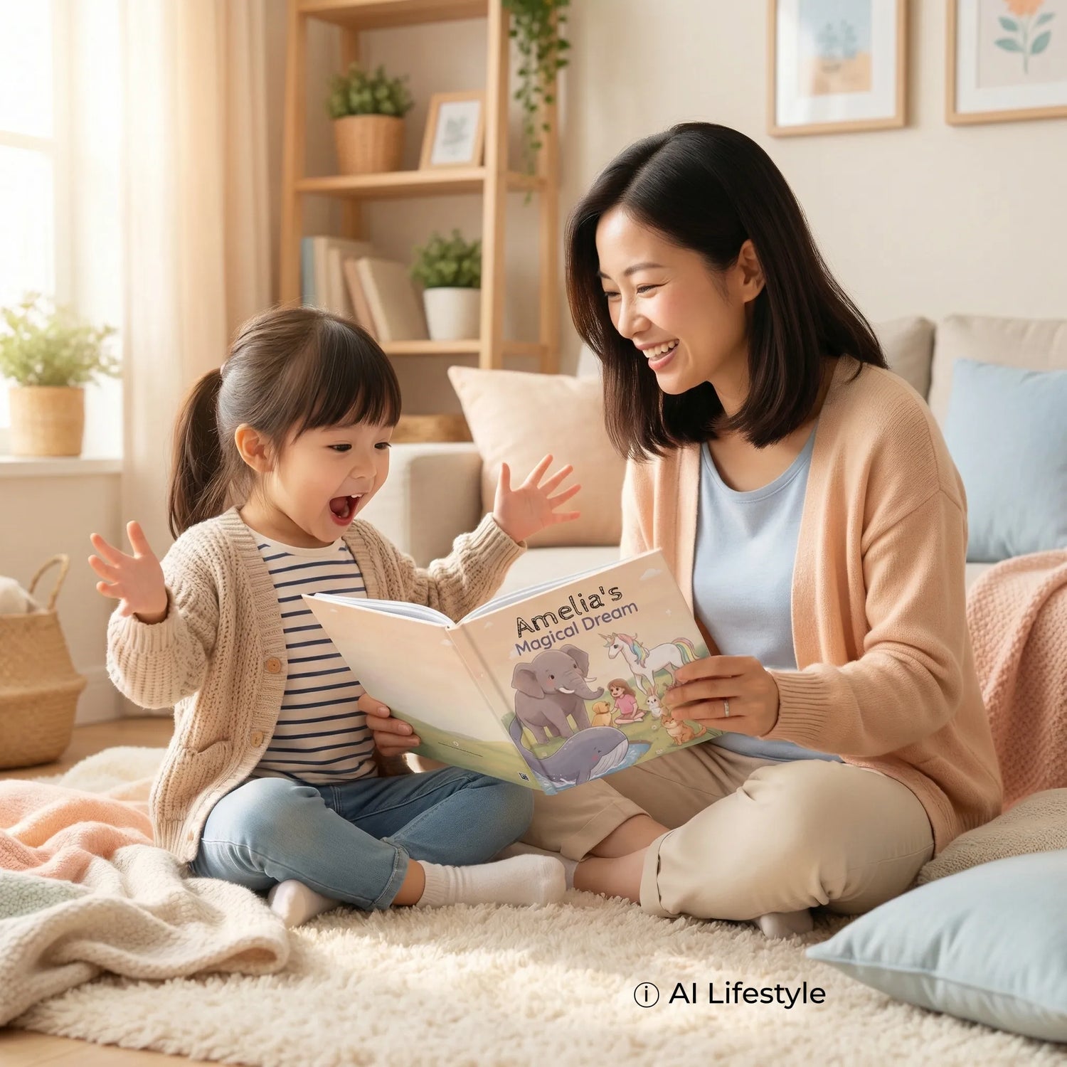 An elegant personalized storybook held by a joyful mother and daughter in a bright, cozy room. Note: The book is a digital rendering; the models and lifestyle scene are AI-generated.