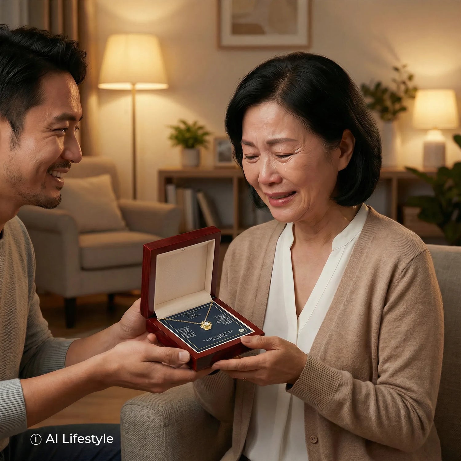 An emotional mother receives an elegant necklace with personalized message card in a cozy AI-generated setting. Note: The necklace is a digital rendering; the models and scene are AI-generated.