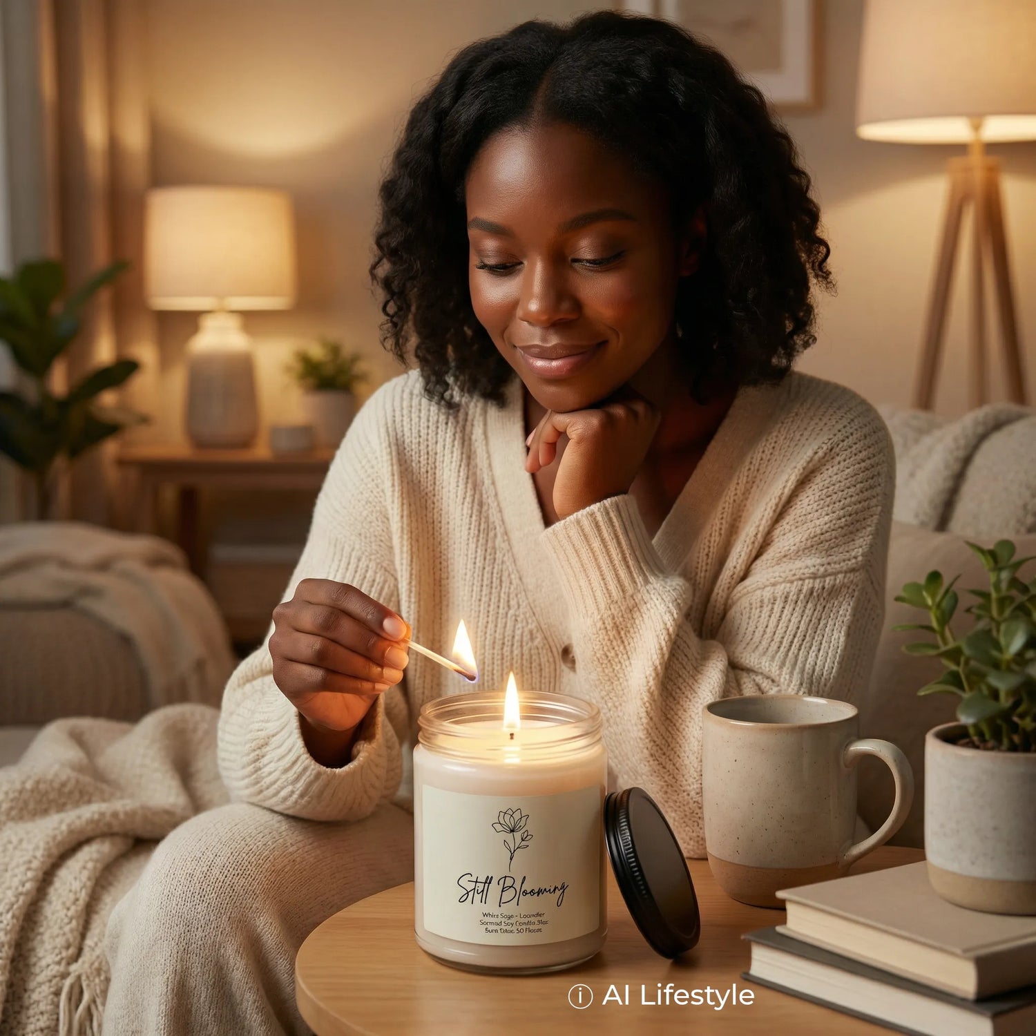An elegant "Still Blooming" candle lights up a cozy, AI-generated room as a woman relaxes. Note: The candle is a digital rendering; the model and lifestyle scene are AI-generated.