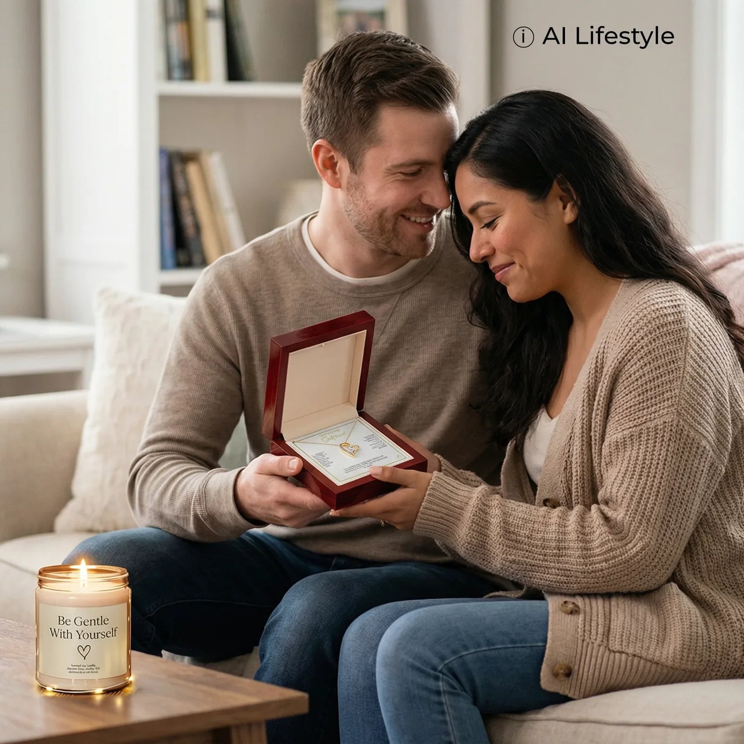 AI-generated lifestyle scene of a couple on a sofa; the man presents a jewelry gift box. Includes a candle and moon plaque. Note: All products, models, and the setting are digital renderings/AI-generated.