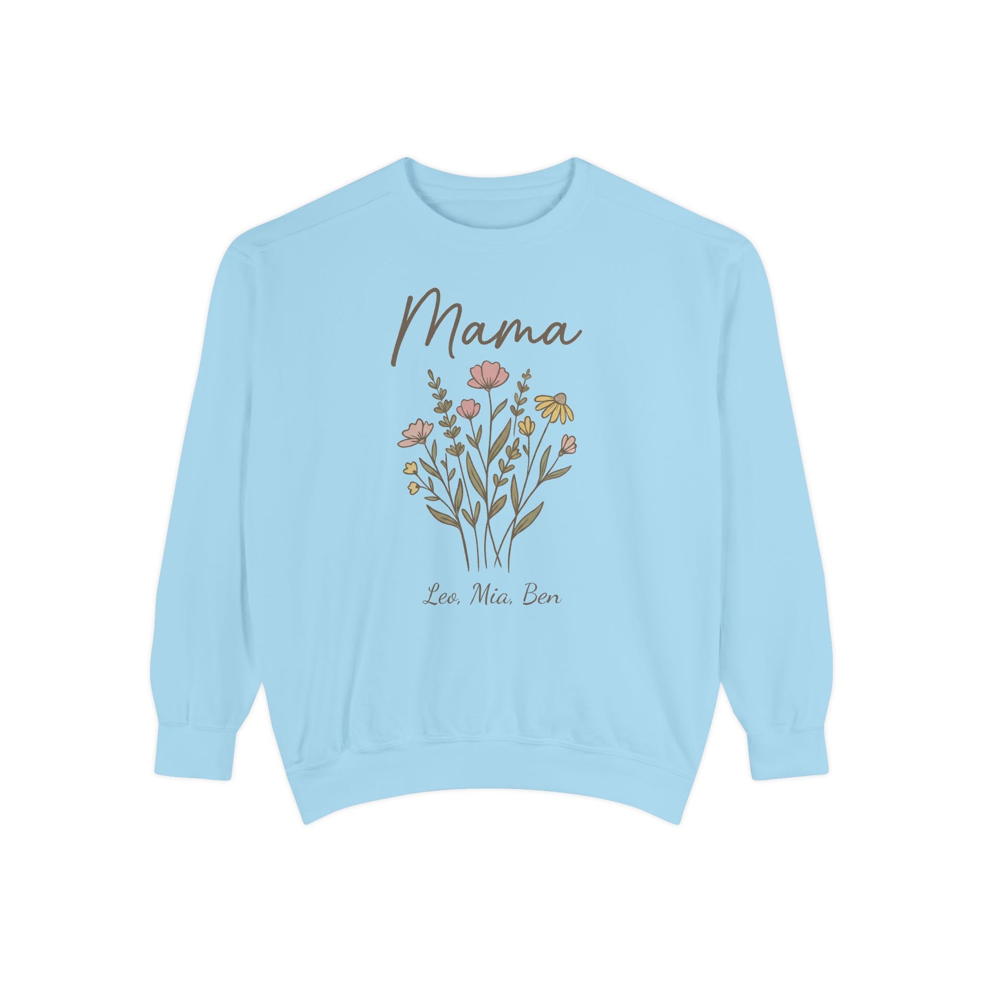 Light blue sweatshirt with 'Mama' and floral design