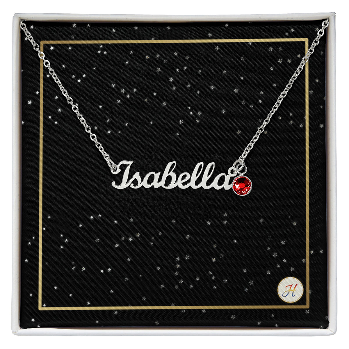 Personalized Name Necklace with Birthstone | Celestial Star Card Script Jewelry | by JuzForHue