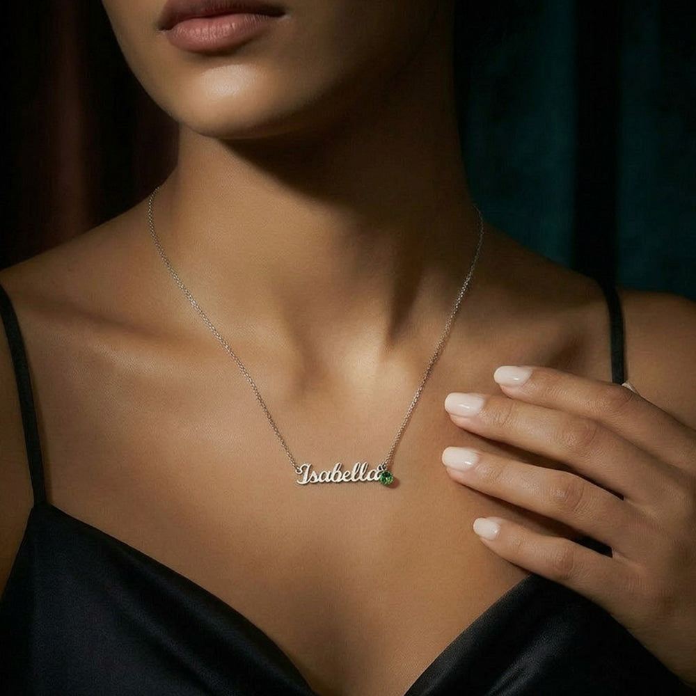Personalized Name Necklace with Birthstone | Custom Cursive Script Charm Jewelry | by JuzForHue