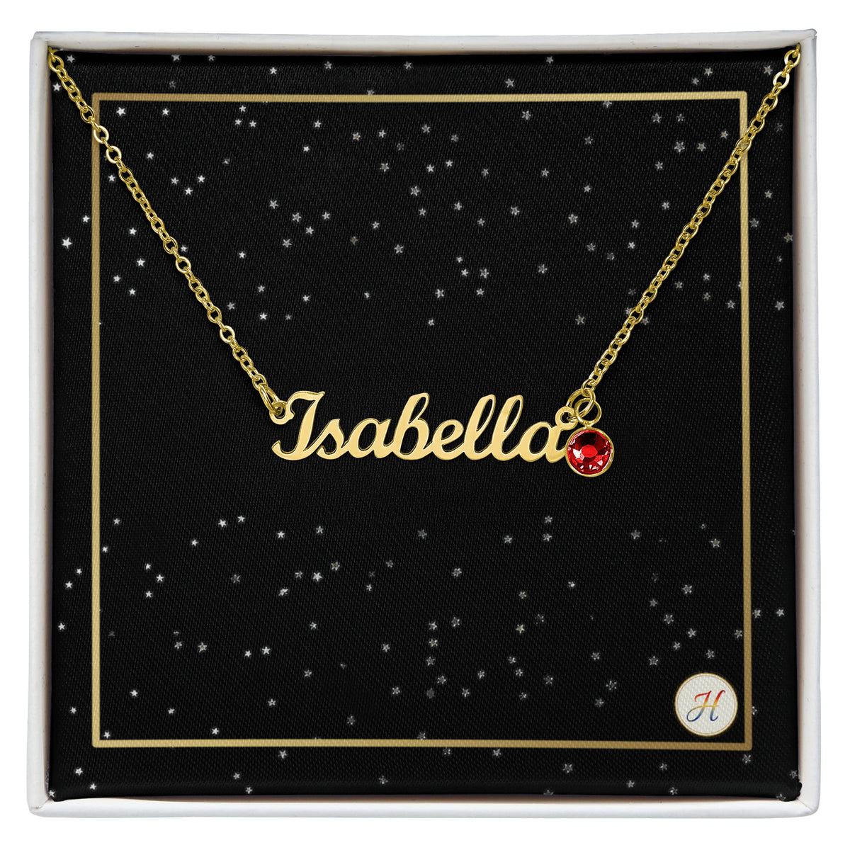 Personalized Name Necklace with Birthstone | Celestial Star Card Script Jewelry | by JuzForHue