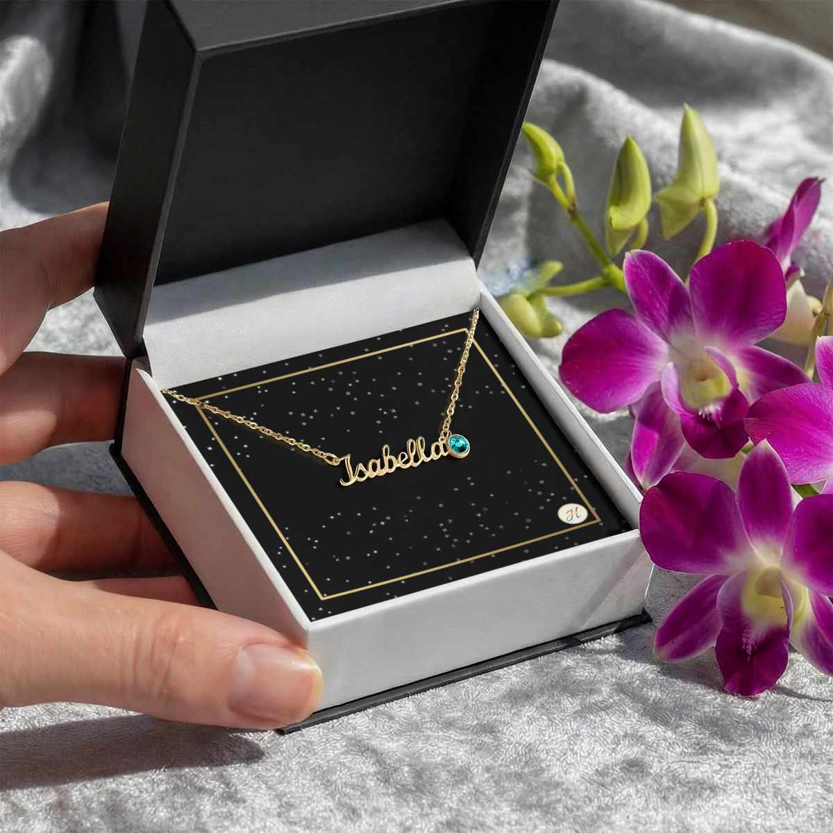 Personalized Name Necklace with Birthstone | Celestial Star Card Script Jewelry | by JuzForHue